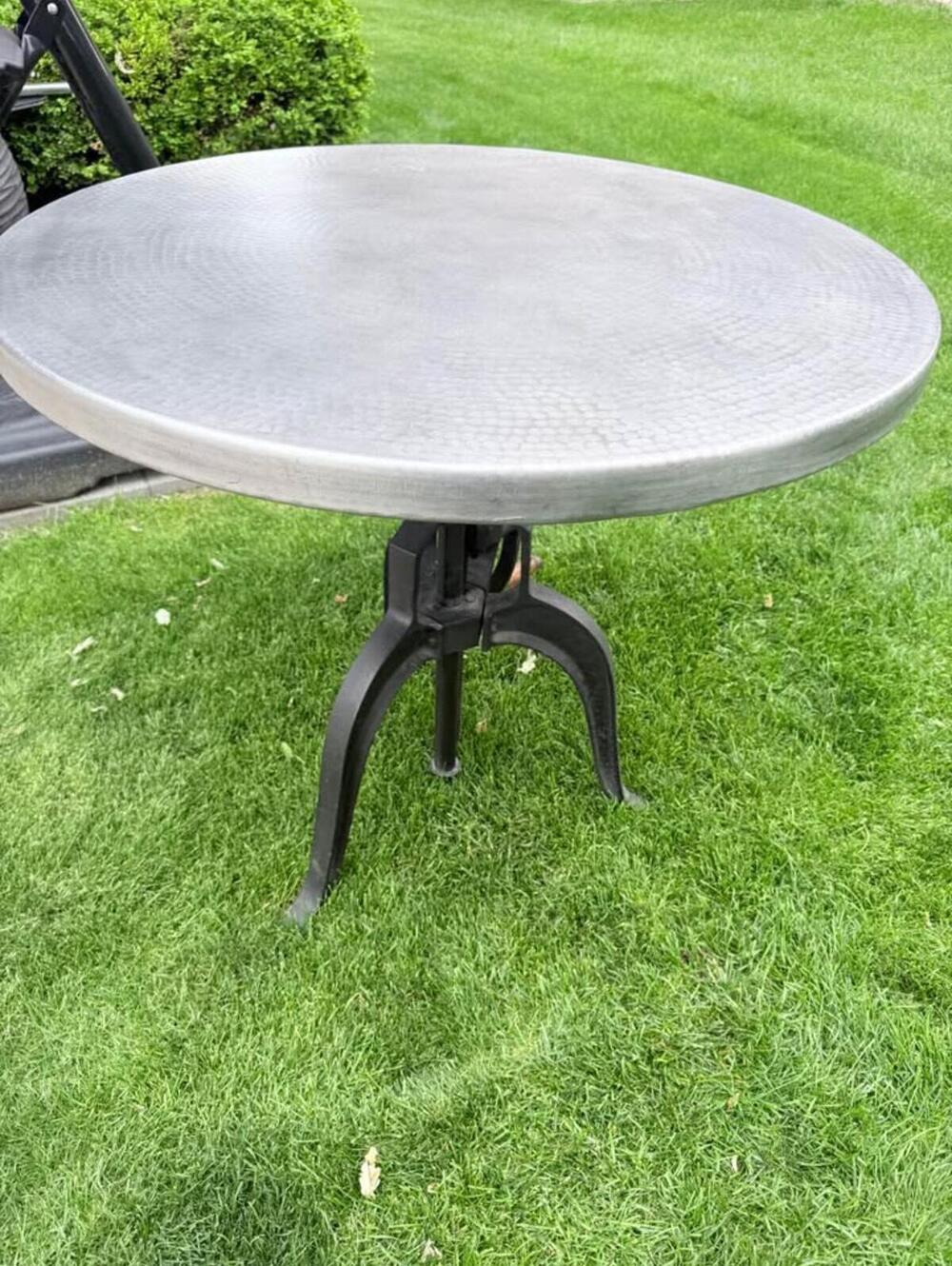 Arhaus Cast Iron Crank Adjustable Dining Cocktail Table Hammered Tabletop